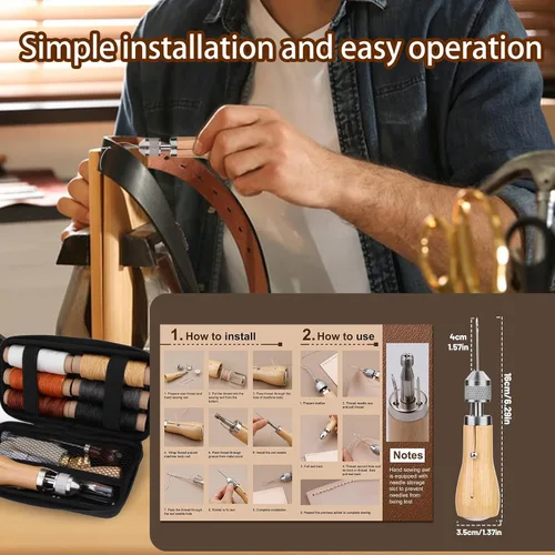 Miniatura 2 de Kit de punzón de costura, herramienta portátil, hilo de coser de cuero, kit de hilo encerado para manualidades de reparación de costura de cuero