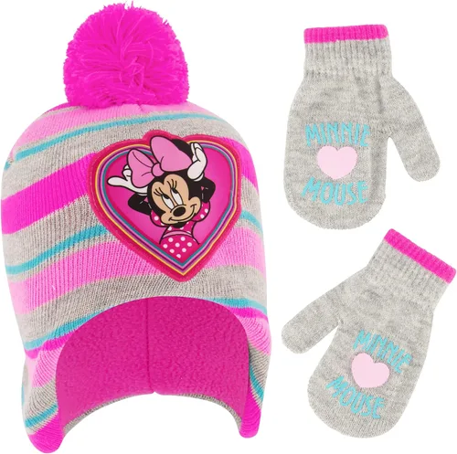 Disney Conjunto de gorro y guantes de invierno para niñas de 2 a 4 años o gorro de Minnie Mouse y guantes para niños de 4 a 7 años