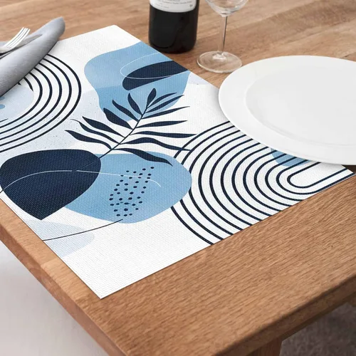 Miniatura 2 de Juego de 4 manteles individuales bohemios con hojas tropicales, de cloruro de polivinilo lavable, color azul, arte abstracto de siglo medio, plantas