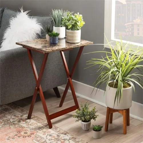 Miniatura 2 de Pemberly Row Juego de mesa plegable de madera de 5 piezas, parte superior de mármol sintético marrón, construcción de madera de caucho resistente