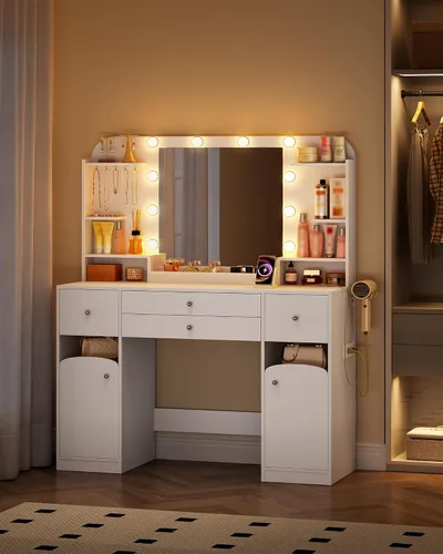 Miniatura 5 de Escritorio de tocador con espejo, tocador de maquillaje con luces LED, mesa de vestir con regleta de enchufes, 4 cajones, mesa grande de 42.5