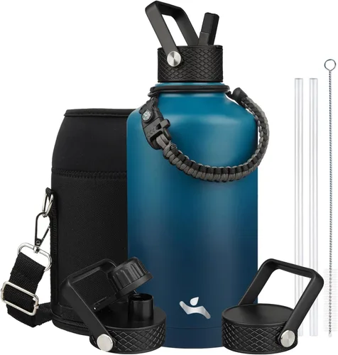 Miniatura 49 de Konokyo - Botella de agua aislada de 18 onzas, botellas deportivas de acero inoxidable con 3 tapas, verde militar