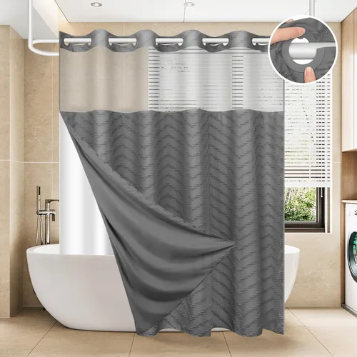 Miniatura 11 de FADOTY Juego de cortina de ducha y forro sin gancho, cortina de ducha negra con broches a presión sin anillos, tela chevron acolchada, impermeable