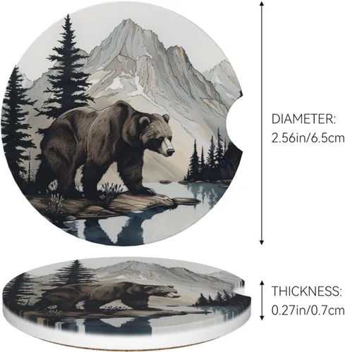 Miniatura 5 de 2 posavasos para automóvil, pintura de árbol de oso, base de corcho antideslizante, diseño de ranura, ajuste universal, cerámica, marrón