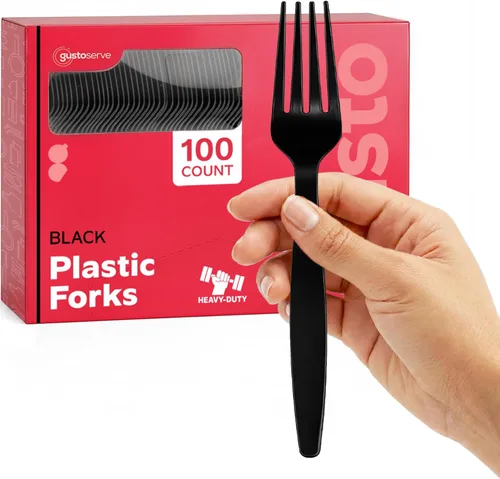 GUSTO Tenedores de plástico negro resistentes [100 unidades] Cubiertos desechables para fiestas, eventos y uso diario (anteriormente Comfy Package)
