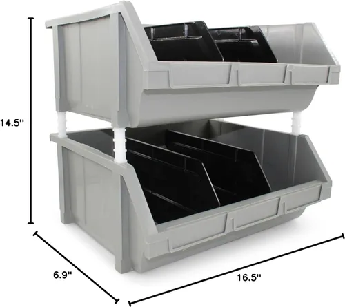 Miniatura 11 de Paquete de 2 contenedores apilables extragrandes de almacenamiento – 16.5 x 14.5 x 6.9 pulgadas, organizador resistente, diseño colgante y de GRIS 2