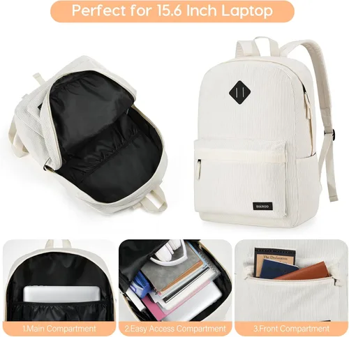 Miniatura 2 de BIKROD Mochila para niñas, mochila escolar beige para adolescentes y niños, mochila ligera de pana suave casual para mujeres, mochila grande