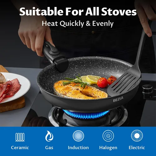 Miniatura 6 de BEZIA Juego de utensilios de cocina de inducción de 10 piezas, ollas y sartenes antiadherentes con asas extraíbles, para todas las encimeras, diseño