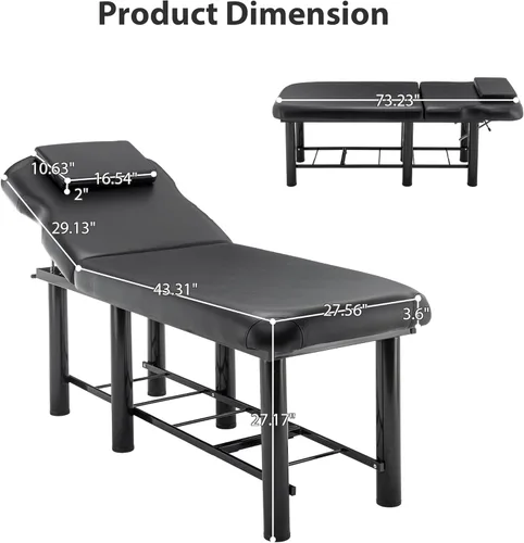 Miniatura 2 de Mesa de masaje profesional con respaldo, mesa de terapia física estacionaria de piel sintética, equipo de belleza de peluquería con marco de metal