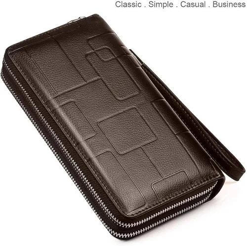 Miniatura 6 de Bolso de mano para hombre, bolso de cuero genuino con cremallera, cartera larga para negocios, bolso de mano grande
