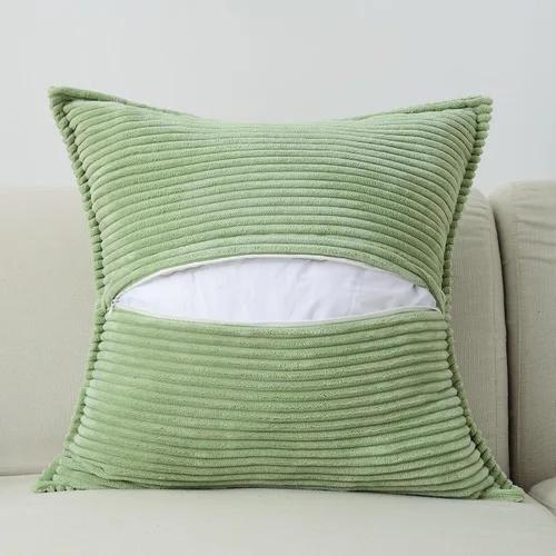 Miniatura 3 de HAUSSY Juego de 2 fundas de almohada decorativas de color verde salvia de 24 x 24 pulgadas, fundas de cojín de pana rayada suave y sólida, fundas