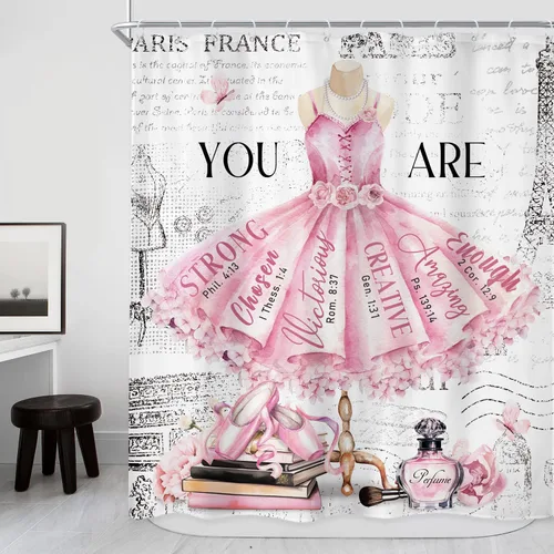 Miniatura 10 de Riyidecor Cortina de ducha negra de moda de 60 pulgadas de ancho x 72 pulgadas de alto, vestido femenino blanco y negro, torre Eiffel, perfume
