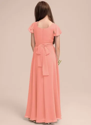 Miniatura 5 de Vestido de dama de honor junior de gasa cuadrado de una línea de vestido de niña de flores para boda
