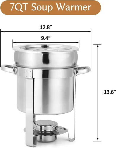 Miniatura 4 de Calentador de sopa redondo de acero inoxidable de 7 cuartos de galón, paquete de 2 Soup Chafer, Include Pot Lid & Fuel Holder, Commercial Soup Pot