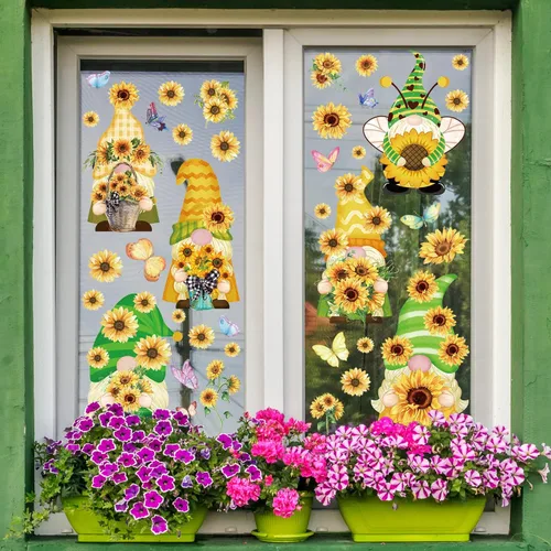 Miniatura 5 de Whaline Calcomanías para Ventana de Primavera Verano Gnomo Girasol Calcomanías de Ventana de Doble Cara Acuarela Mariposa Flor Calcomanía Pegatina