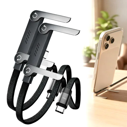 Miniatura 6 de Cable de carga rápida trenzado de 240 W con soporte de teléfono integrado en forma de T, cable USB-C plegable y duradero de 90 grados, cable USB C