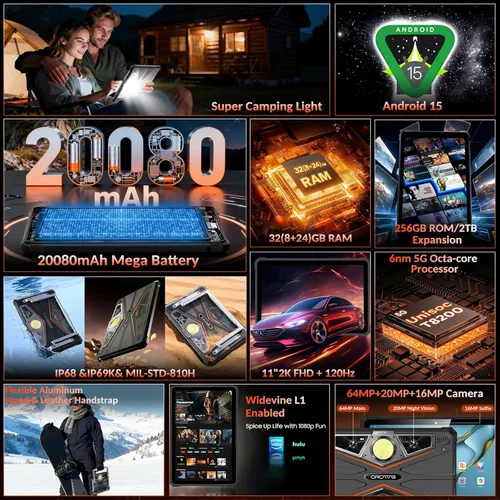 Miniatura 8 de WT1 Pro 2026 5G Tablet resistente Android 15, 2K 11" 120Hz 33W 20080mAh tableta impermeable, 32GB+256GB/2TB Tabletas al aire libre, 64MP+16MP+20MP