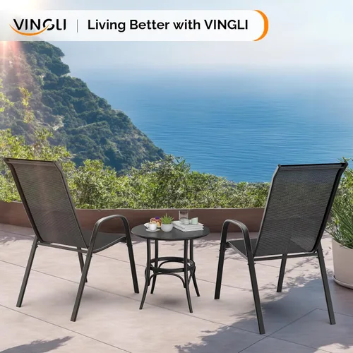 Miniatura 7 de VINGLI Juego de 2 sillas de patio – Sillas de comedor apilables para exteriores con cómodas sillas de respaldo alto y reposabrazos para césped