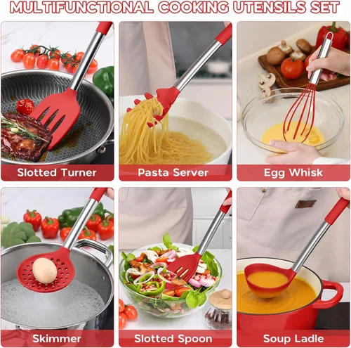 Miniatura 6 de Onader Juego de 15 utensilios de cocina de silicona, juego de espátulas rojas para utensilios de cocina con soporte, herramientas y accesorios Rojo