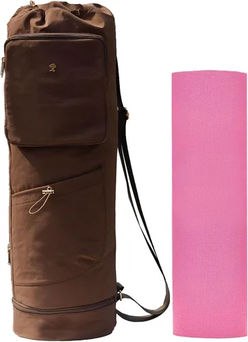Miniatura 9 de ESVAN Bolsa para esterilla de yoga con múltiples bolsillos. Bolsa de transporte con cordón para esterilla de yoga, Pilates, ejercicio. Bolsa de Lino