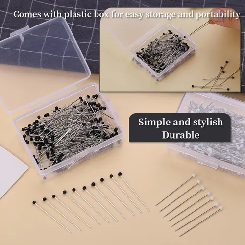 Miniatura 5 de Alfileres de costura, 400 piezas de alfileres rectos para tela, alfileres de acolchado largos de cabeza de bola perlada en blanco y negro de 1.5 Dos