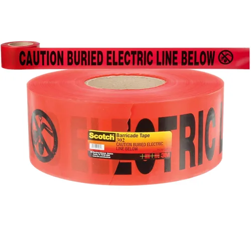 3M Scotch Buried Barricade Tape 302, con texto "PRECAUTION BURIED ELECTRIC LINE", 3 pulgadas x 1000 pies, rojo, cinta de advertencia, 1 rollo