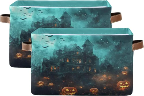 Miniatura 46 de Cesta de Almacenamiento Morada Happy Halloween Cestas de Tela para Cocina Calabaza Calavera Fantasma Murciélago Truco o Trato Contenedores Abiertos