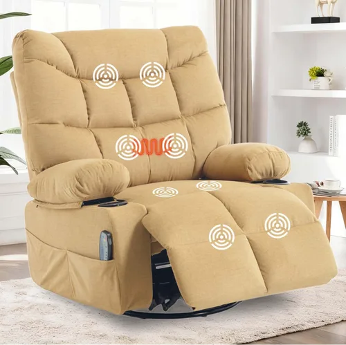 Miniatura 11 de KCQ Silla reclinable giratoria de gran tamaño con portavasos de calor para masaje, sillas reclinables de tela con relleno para guardería, mecedora