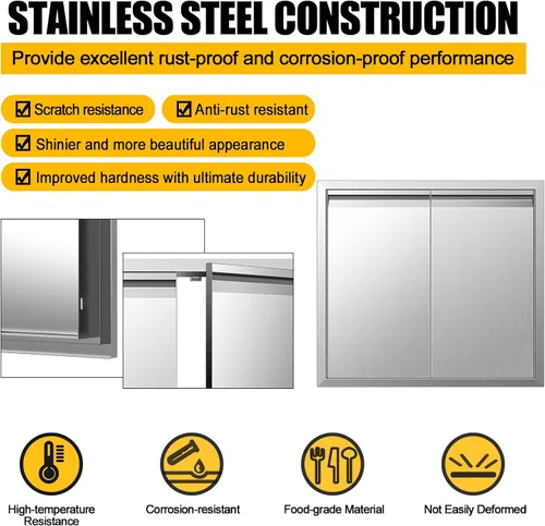 Miniatura 7 de Puertas de cocina para exteriores de 26 pulgadas de ancho x 24 pulgadas de alto con mango horizontal, puertas de acceso dobles para barbacoa, acero
