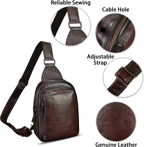 Miniatura 6 de LRTO Bolso bandolera pequeño de cuero genuino para mujeres y hombres, bolsa cruzada para el pecho, mochila para senderismo, deportes, viajes