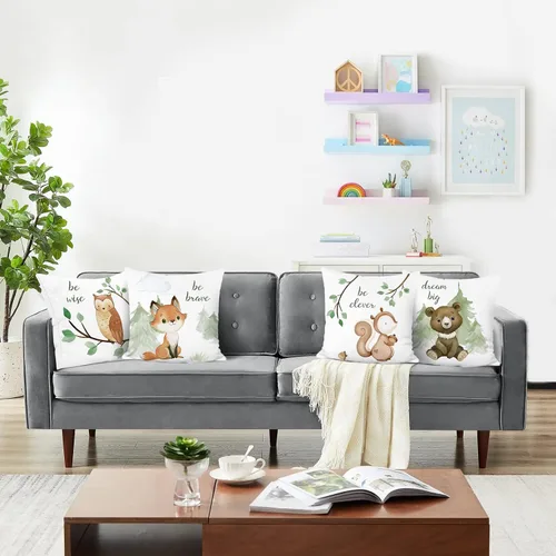 Miniatura 4 de Bonhause Juego de 4 fundas de almohada de animales del bosque, 18 x 18 pulgadas, diseño de oso zorro, ardilla, búho, para niños, para sofá, aula