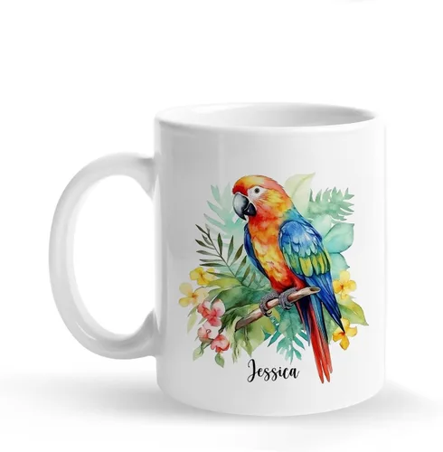 Taza de café personalizada con loro en un bosque tropical, tazas personalizadas de animales, taza con nombre personalizado para cumpleaños y