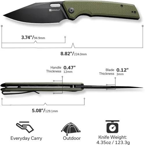 Miniatura 7 de SENCUT GlideStrike - Cuchillo de bolsillo para EDC, cuchillo plegable con apertura de orificio para el pulgar, mango grueso G10 texturizado con clip