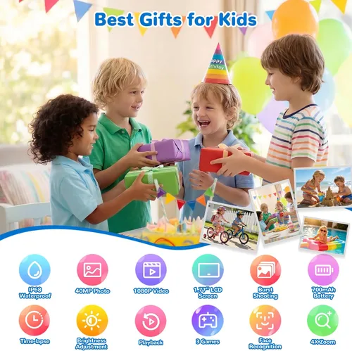 Miniatura 6 de PROGRACE Cámara impermeable para niños, cumpleaños para niños de 3 a 12 años, cámara de video submarina HD 1080P para niños, juguetes de piscina