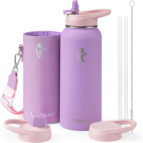 Miniatura 8 de Coolflask Botella de agua de 64 onzas aislada con funda de cuero PU, botella de agua de medio galón con contraste de color y tapa con popote, jarra