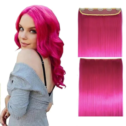 Miniatura 7 de Extensiones de cabello sintético con clip, de 24 pulgadas, 4.23 oz, extensiones de cabello natural lacio, color rosa y rojo, 5 extensiones de #118C
