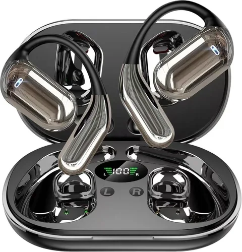 SANOTO Auriculares de oreja abierta, auriculares Bluetooth con pantalla digital inteligente, auriculares abiertos con ganchos para los oídos, tiempo