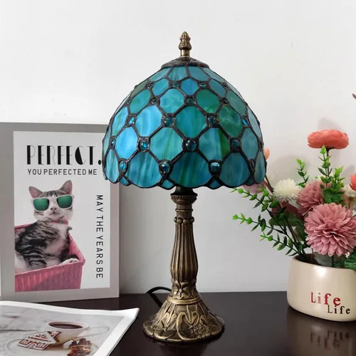Miniatura 7 de Lámpara de mesa pequeña Tiffany de 8 pulgadas, estilo Tiffany, lámpara de escritorio, vitral, luz antigua, lámpara de noche para dormitorio