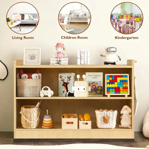 Miniatura 7 de Organizador de almacenamiento de juguetes para niños de 2 niveles, estantería Montessori de madera para niños, armario de almacenamiento de juguetes