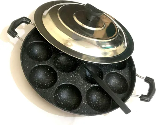 Sartén antiadherente Appam – 12 hoyos con tapa de acero inoxidable para Appam, Paniyaram, Aebleskiver y Paddu Mango resistente al calor Appe Maker