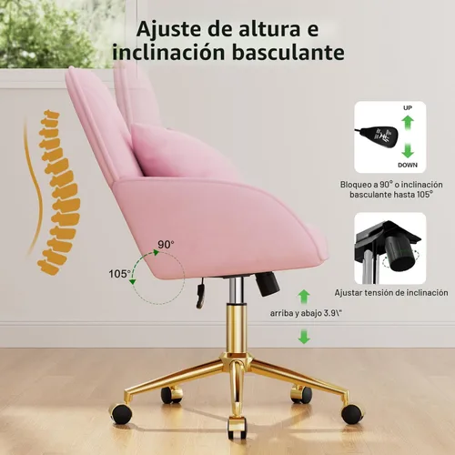 Miniatura 6 de Silla de Escritorio de Terciopelo Rosa con Cojín, Silla de Oficina Doméstica Tapizada con Ruedas Giratorias, Silla de Maquillaje, Silla de Oficina