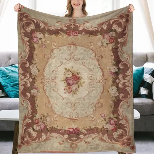 Manta de franela de lana Aubusson francesa con rosas antiguas, 50 x 40 pulgadas, manta ligera y esponjosa para invierno y otoño, acogedora y suave
