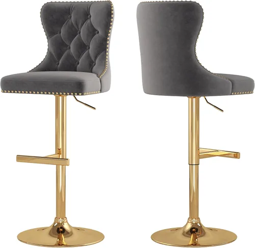 Miniatura 16 de Juego de 2 taburetes de bar, taburetes giratorios de terciopelo con respaldo copetudo, asiento ajustable con ribete de cabezas de clavos, sillas