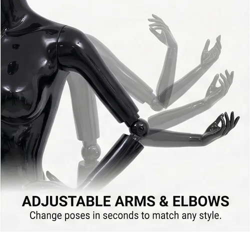 Miniatura 4 de Maniquí femenino negro brillante de 70 pulgadas con brazos ajustables, forma de vestido de cuerpo completo con base de metal para exhibición