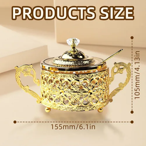 Miniatura 3 de Flylin Azucarero, azucarero turco con tapa y cuchara para galletas de caramelo, miel, tarro de condimentos de vidrio vintage dorado para el hogar y 4