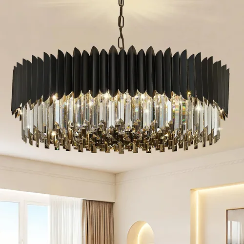 Miniatura 14 de Candelabro de cristal negro de 20 pulgadas, K9, luces colgantes redondas, ajustables, de 4 niveles, gran lámpara de cristal moderna, 6 luces