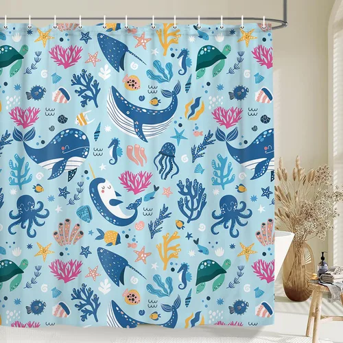 Miniatura 5 de Cortina de ducha náutica para niños, azul bohemio, océano, tiburón, abstracto, dibujos animados, decoración de baño, con cortinas de ducha de tela