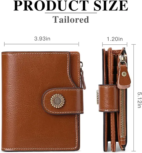 Miniatura 3 de FALAN MULE Cartera pequeña para mujer, de piel, plegable, compacta, pequeña, con bloqueo RFID, Marrón, Vintage