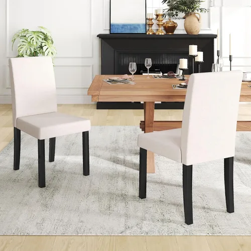 Miniatura 2 de COSTWAY Juego de 2 sillas de comedor sin brazos de tela, sillas laterales tapizadas de cocina con patas de madera de goma, asiento acolchado y Beige