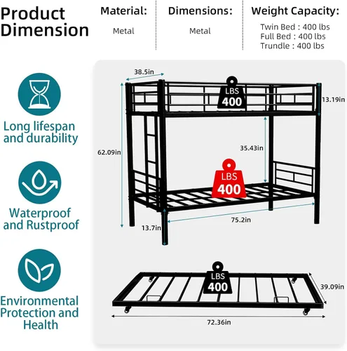 Miniatura 2 de Litera de tamaño individual sobre individual con cajón deslizante, estructura de litera resistente con escaleras laterales, litera convertible